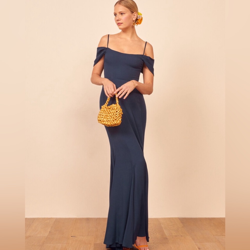 reformation  Navy Blue Off-Shoulder Gown